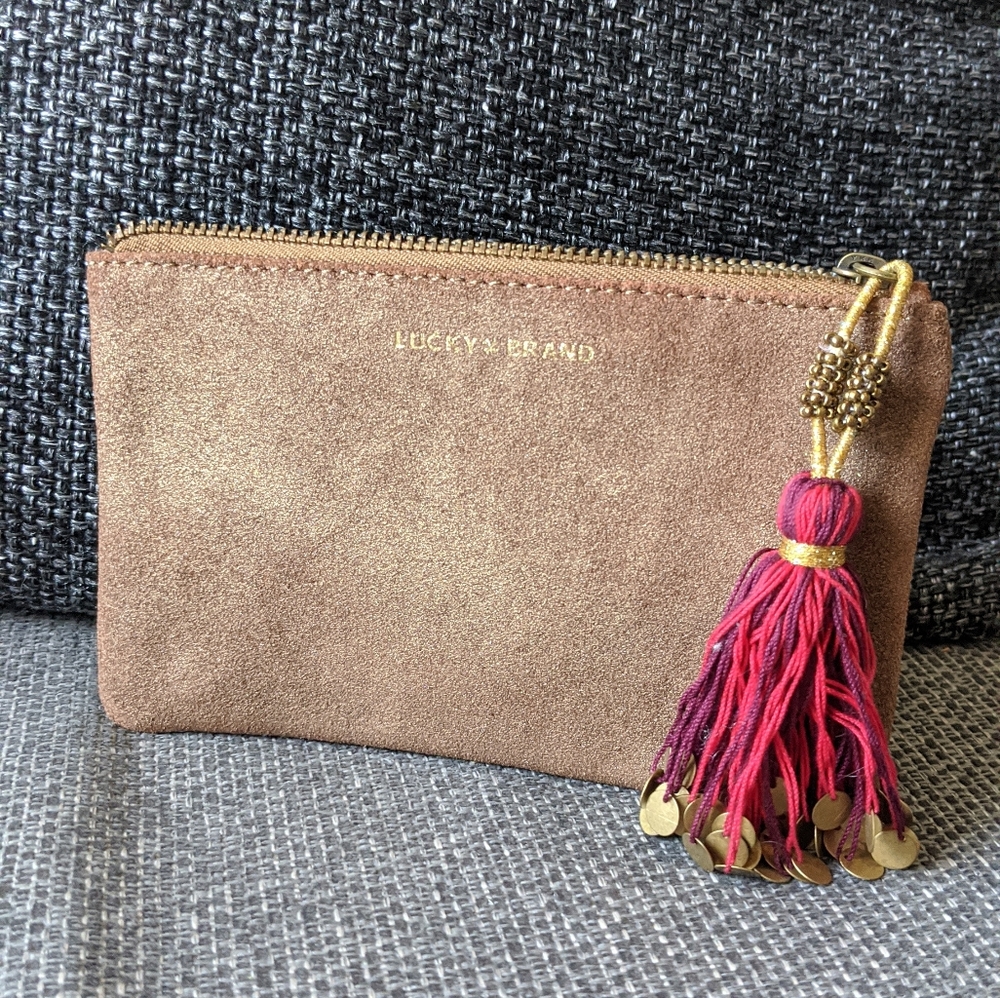 Lucky Brand Genuine Leather Zip Beach Pouch Tassel